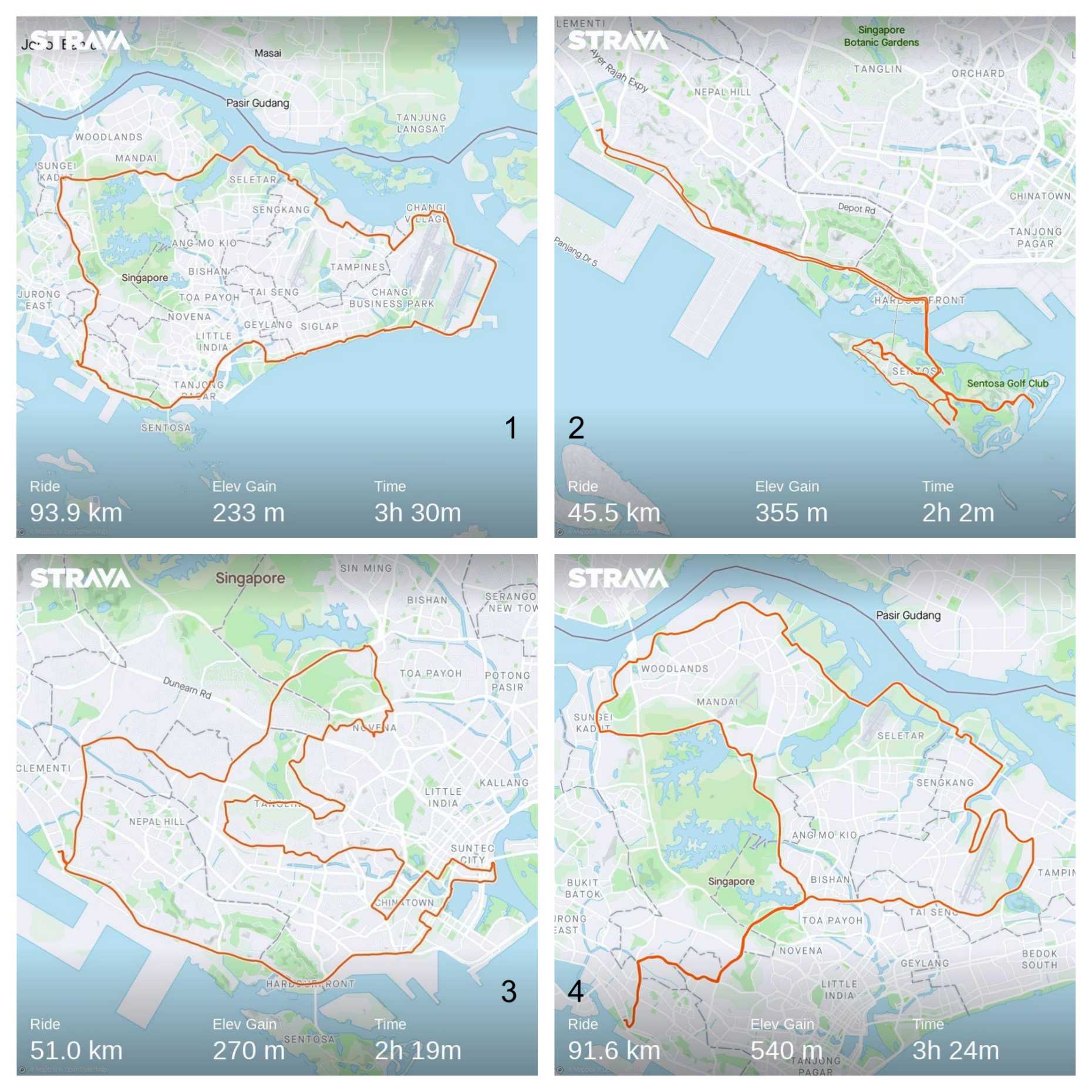 Enlarged view: 1: almost round-island route; 2: route around Sentosa; 3: exploration of downtown; 4: route of northern part of Singapore &nbsp;